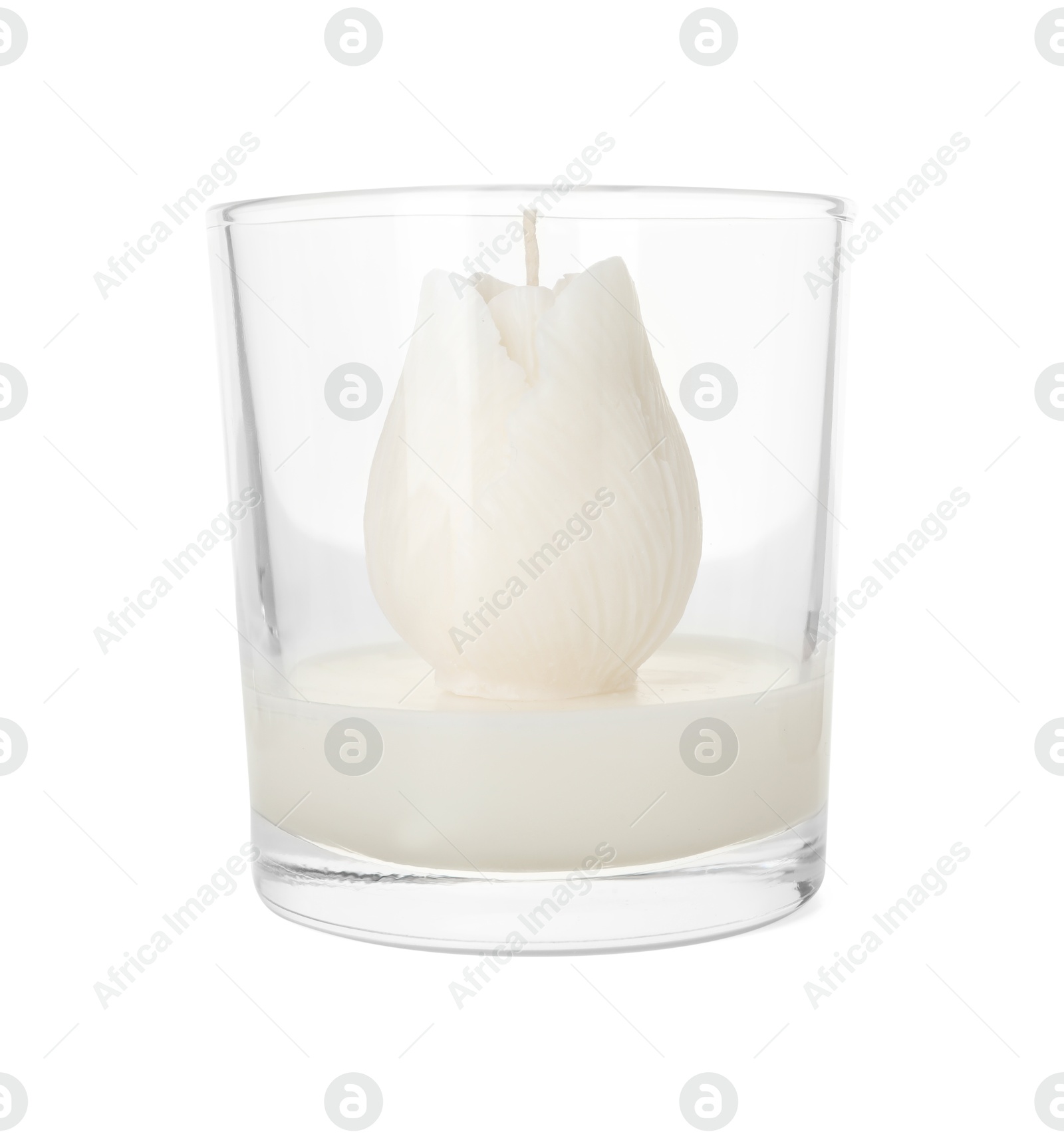 Photo of One beautiful flower-shaped candle isolated on white