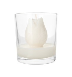 Photo of One beautiful flower-shaped candle isolated on white