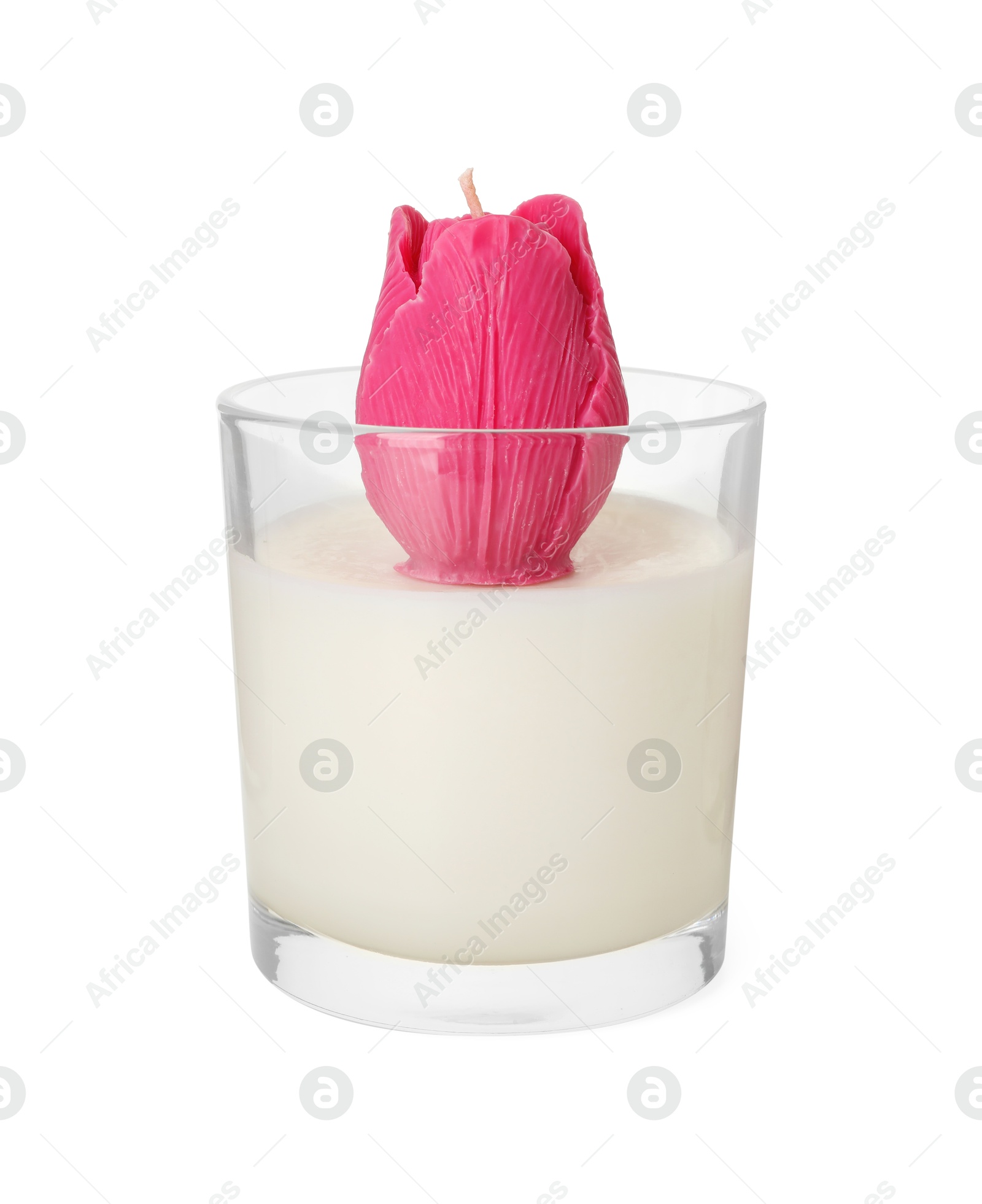 Photo of Beautiful pink flower-shaped candle isolated on white