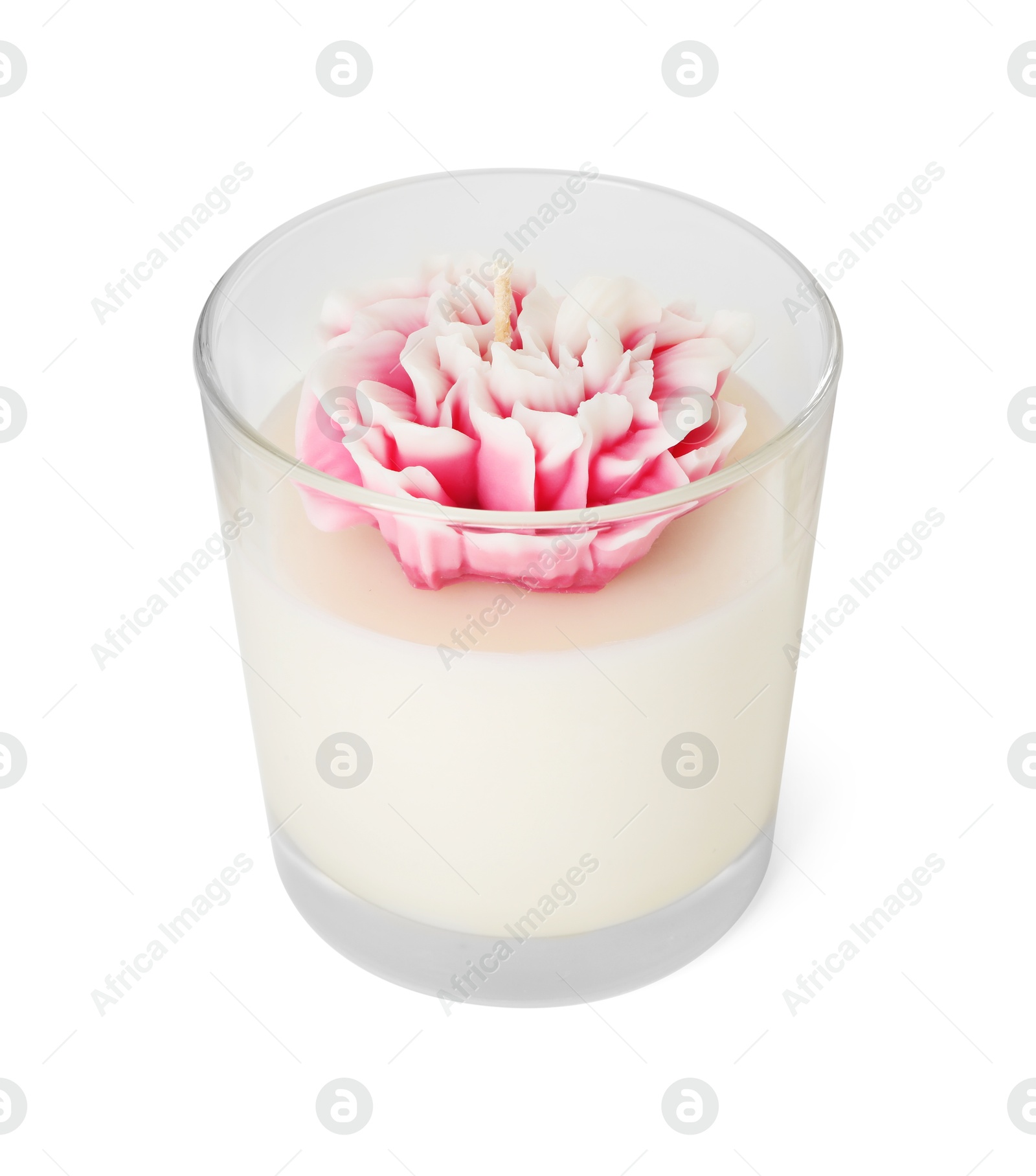 Photo of One beautiful flower-shaped candle isolated on white