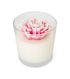 Photo of One beautiful flower-shaped candle isolated on white