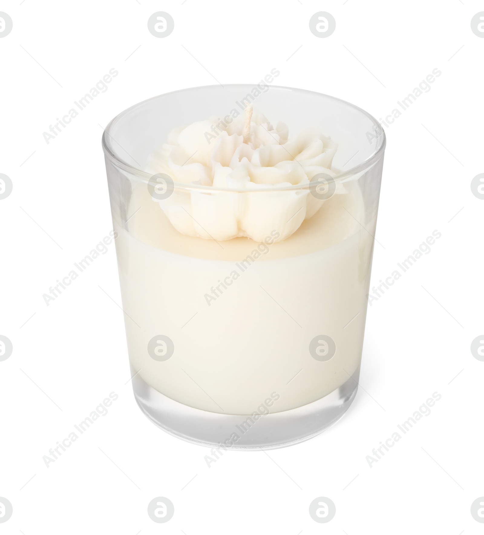 Photo of One beautiful flower-shaped candle isolated on white