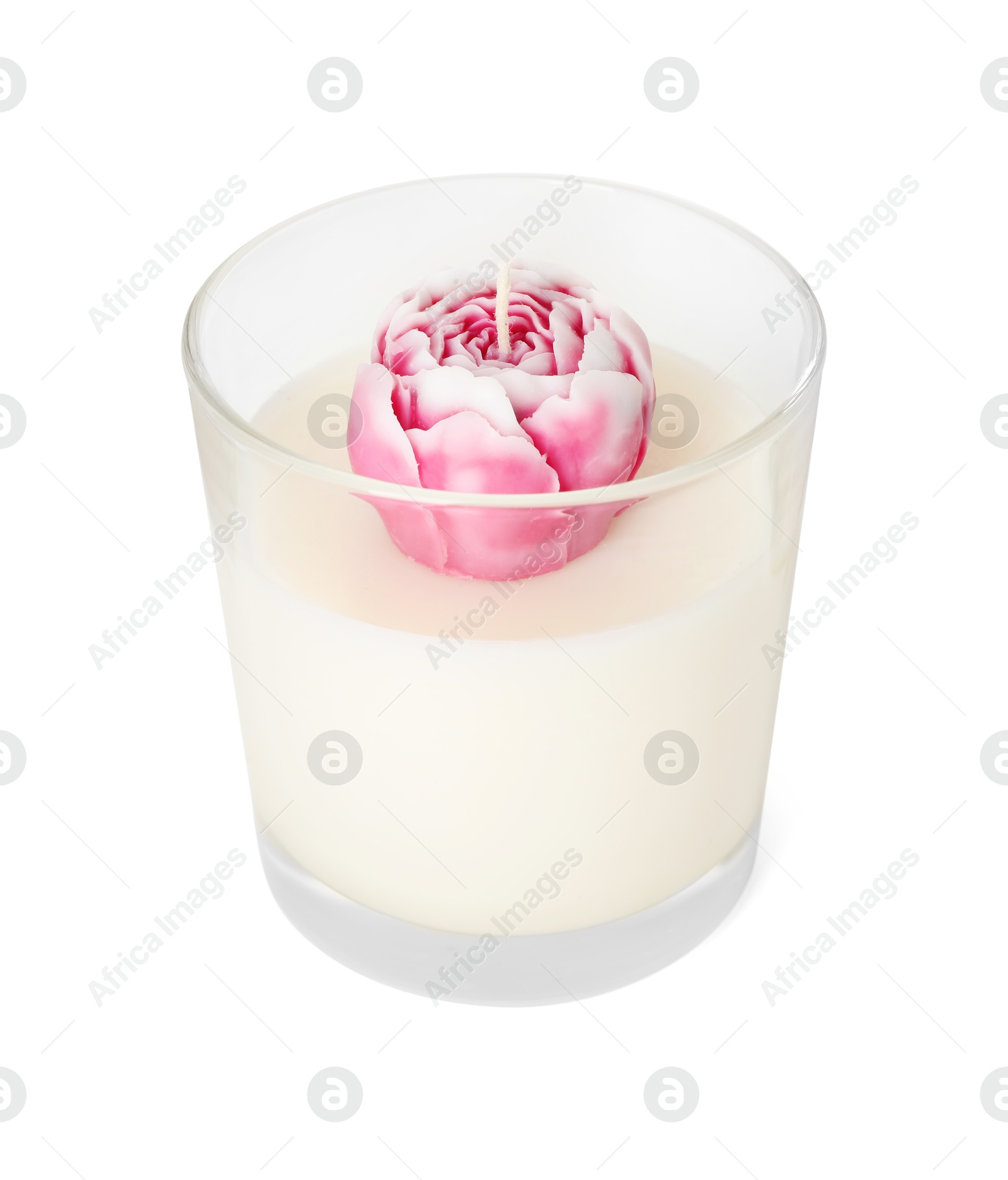 Photo of One beautiful flower-shaped candle isolated on white