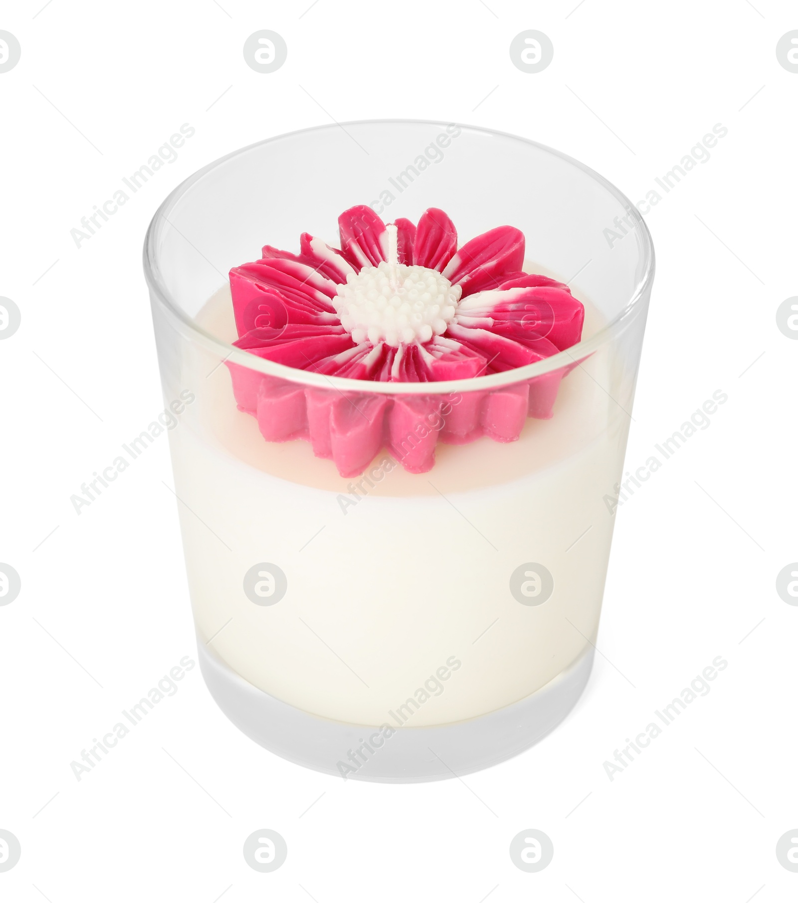 Photo of Beautiful pink flower-shaped candle isolated on white