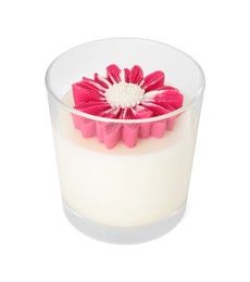 Photo of Beautiful pink flower-shaped candle isolated on white