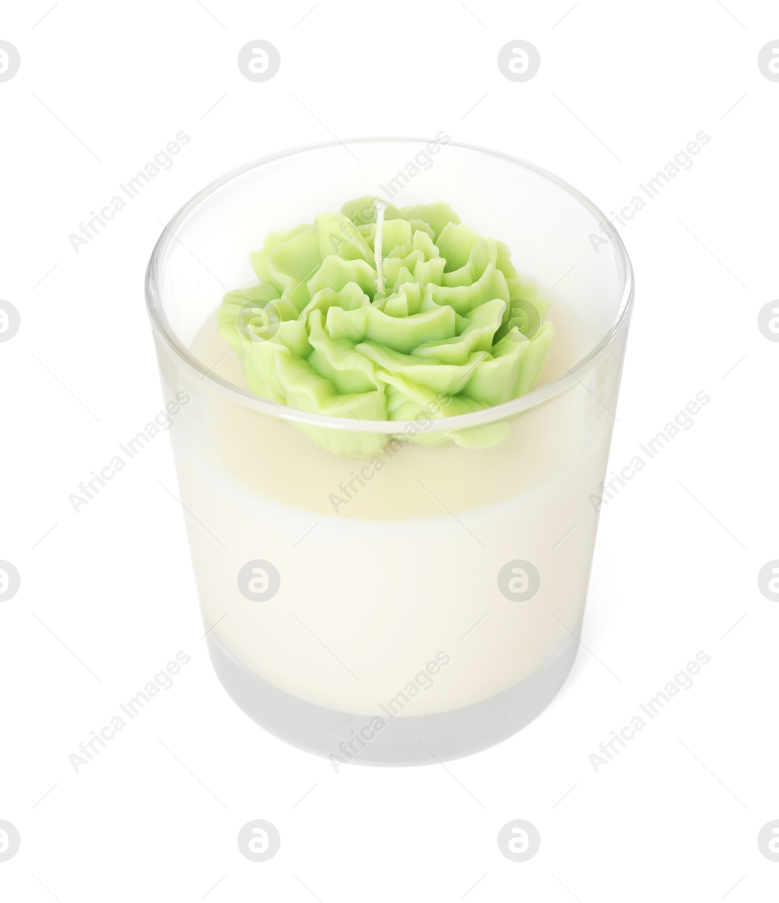 Photo of Beautiful green flower-shaped candle isolated on white