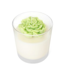 Photo of Beautiful green flower-shaped candle isolated on white