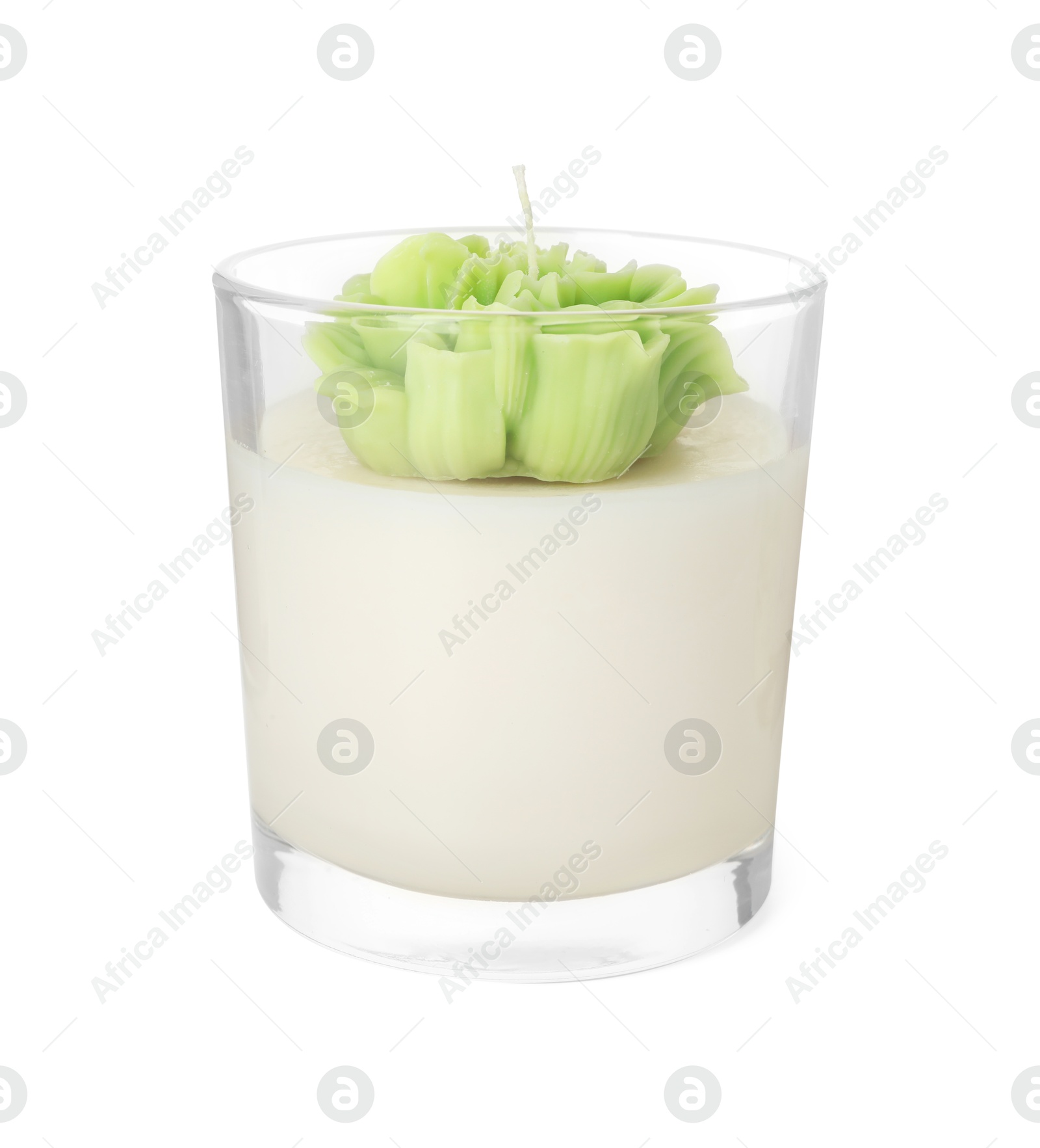 Photo of Beautiful green flower-shaped candle isolated on white