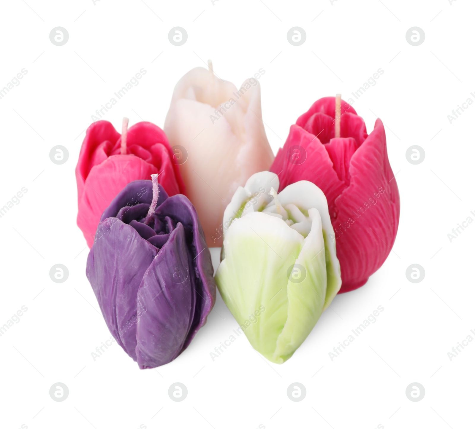 Photo of Many beautiful flower-shaped candles isolated on white