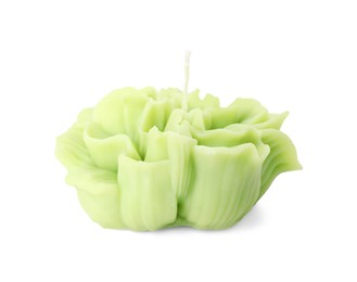 Photo of Beautiful green flower-shaped candle isolated on white