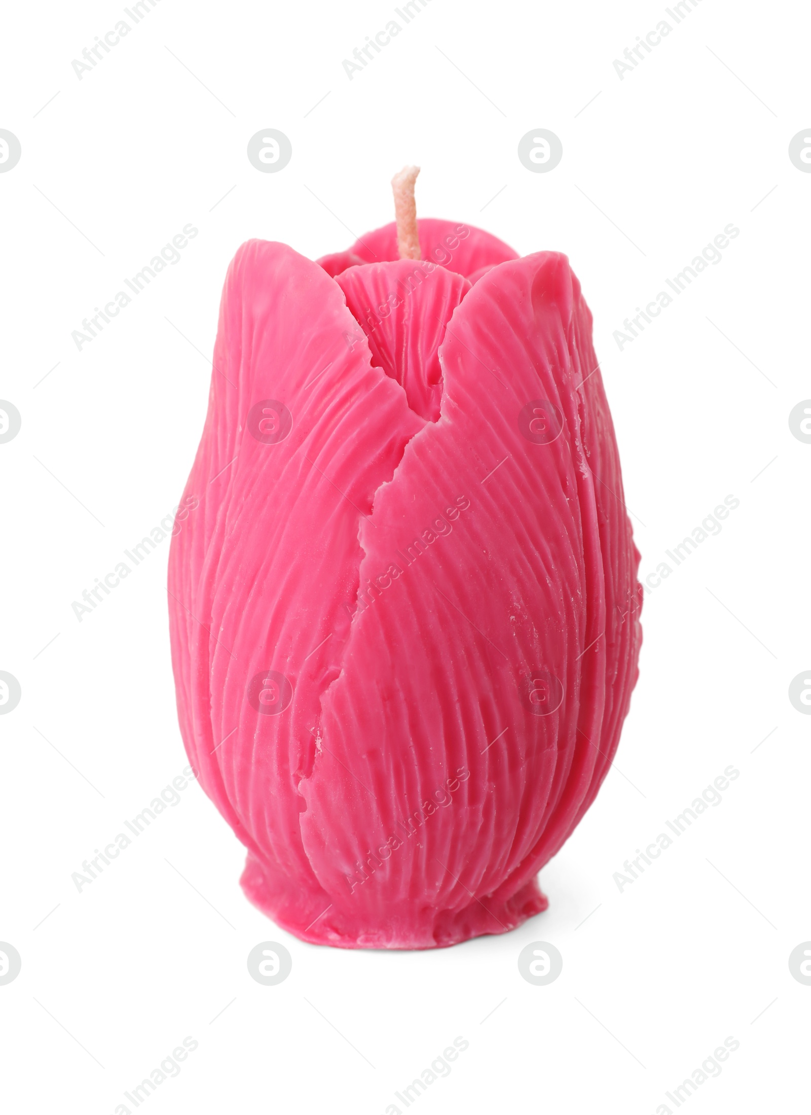 Photo of Beautiful pink flower-shaped candle isolated on white