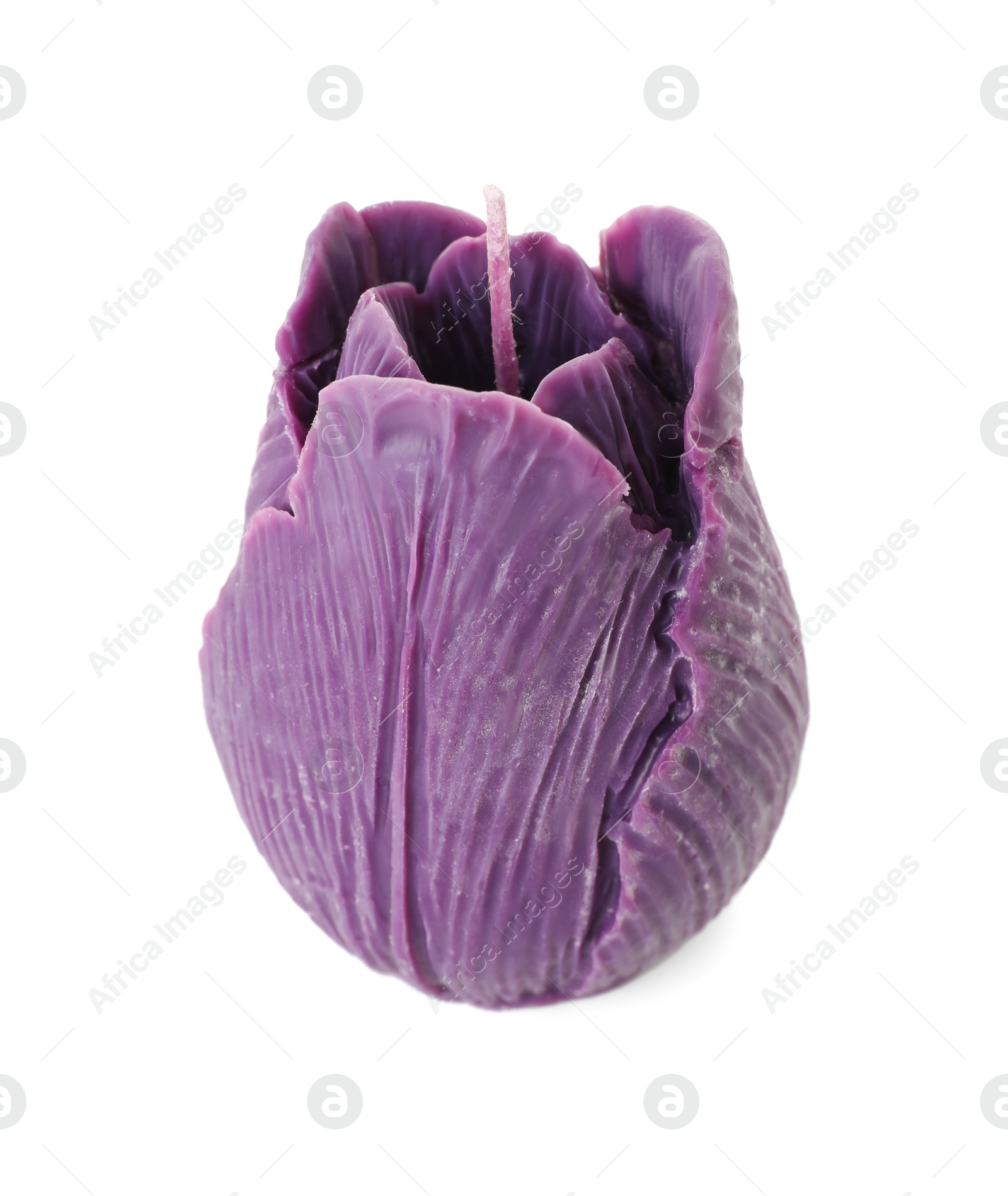 Photo of Beautiful violet flower-shaped candle isolated on white