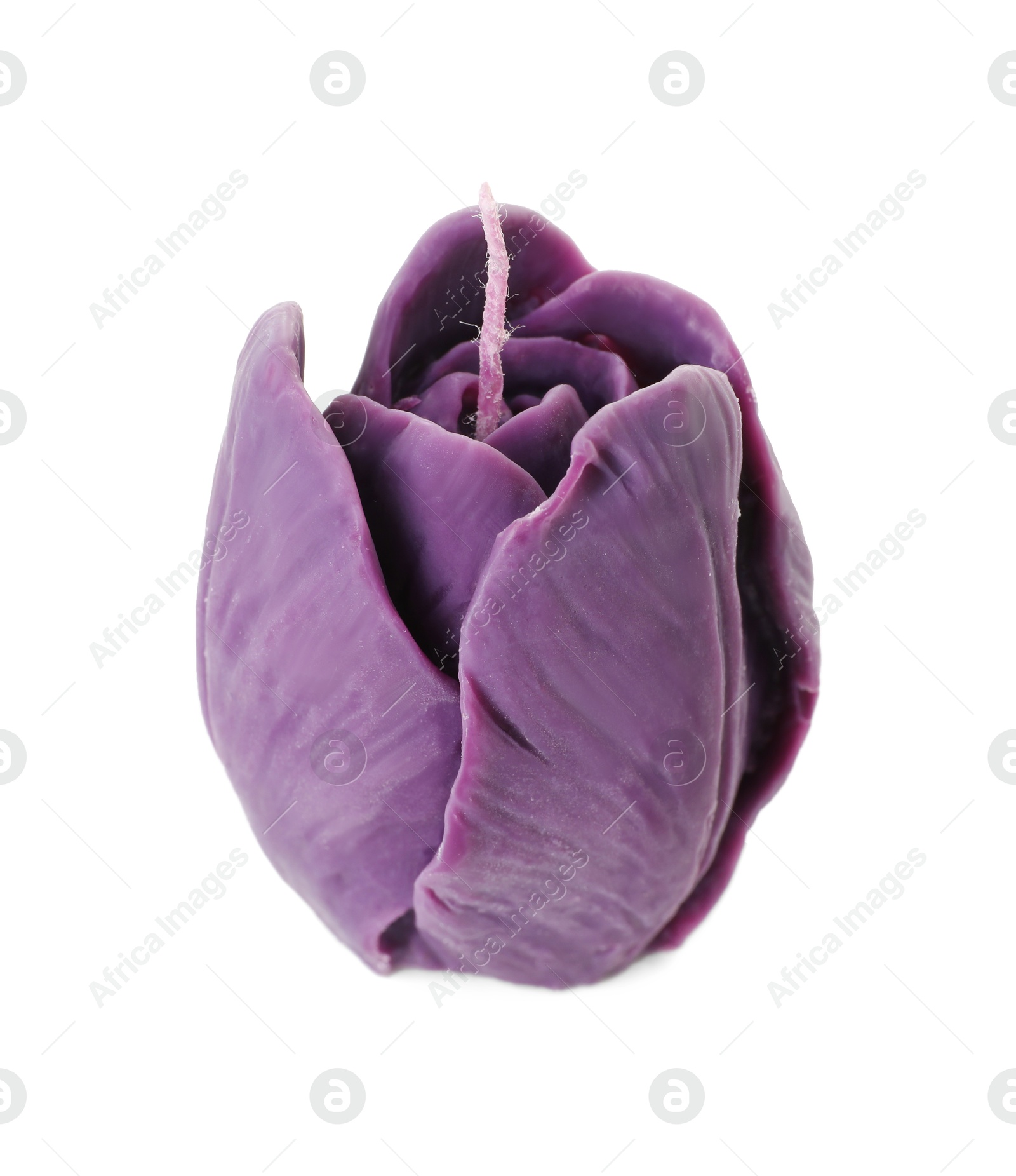 Photo of Beautiful violet flower-shaped candle isolated on white