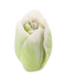 Photo of Beautiful green flower-shaped candle isolated on white