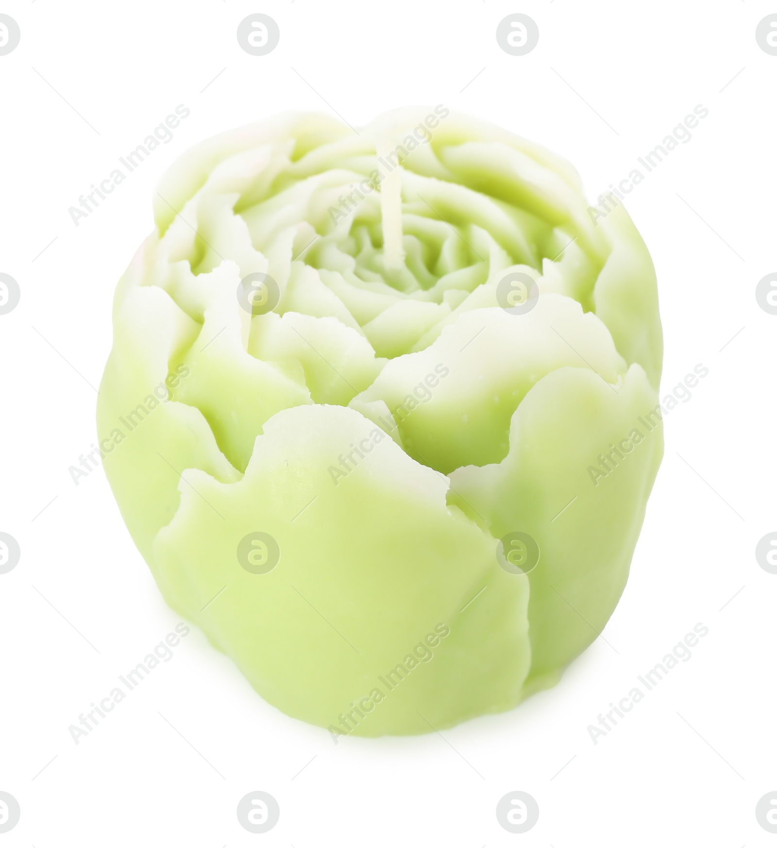 Photo of Beautiful green flower-shaped candle isolated on white