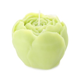 Photo of Beautiful green flower-shaped candle isolated on white