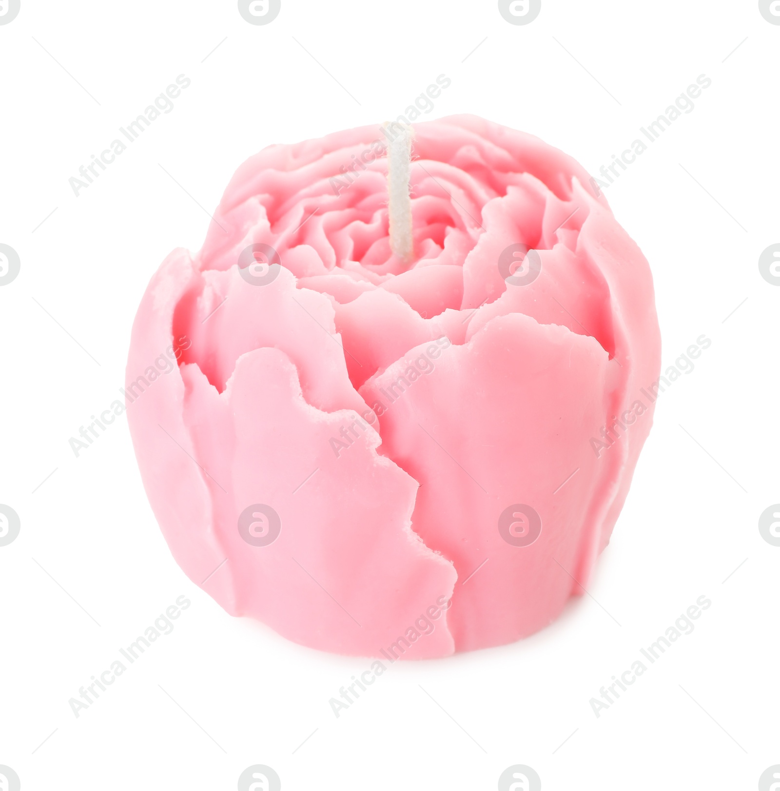 Photo of Beautiful pink flower-shaped candle isolated on white