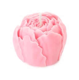 Photo of Beautiful pink flower-shaped candle isolated on white