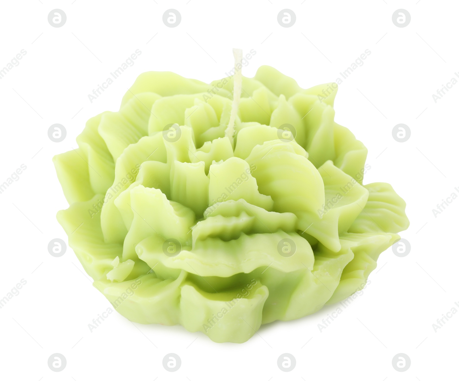 Photo of Beautiful green flower-shaped candle isolated on white