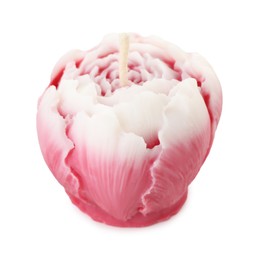 Photo of One beautiful flower-shaped candle isolated on white