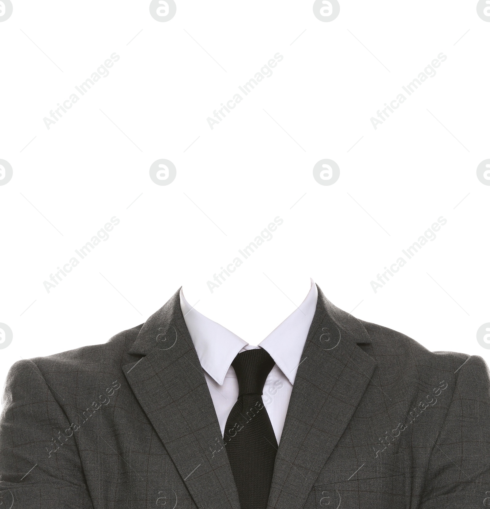 Image of Passport photo, ID card or other document photo. Formal outfit without face for replacement isolated on white