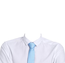 Image of Passport photo, ID card or other document photo. Formal outfit without face for replacement isolated on white