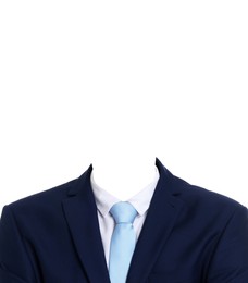 Image of Passport photo, ID card or other document photo. Formal outfit without face for replacement isolated on white