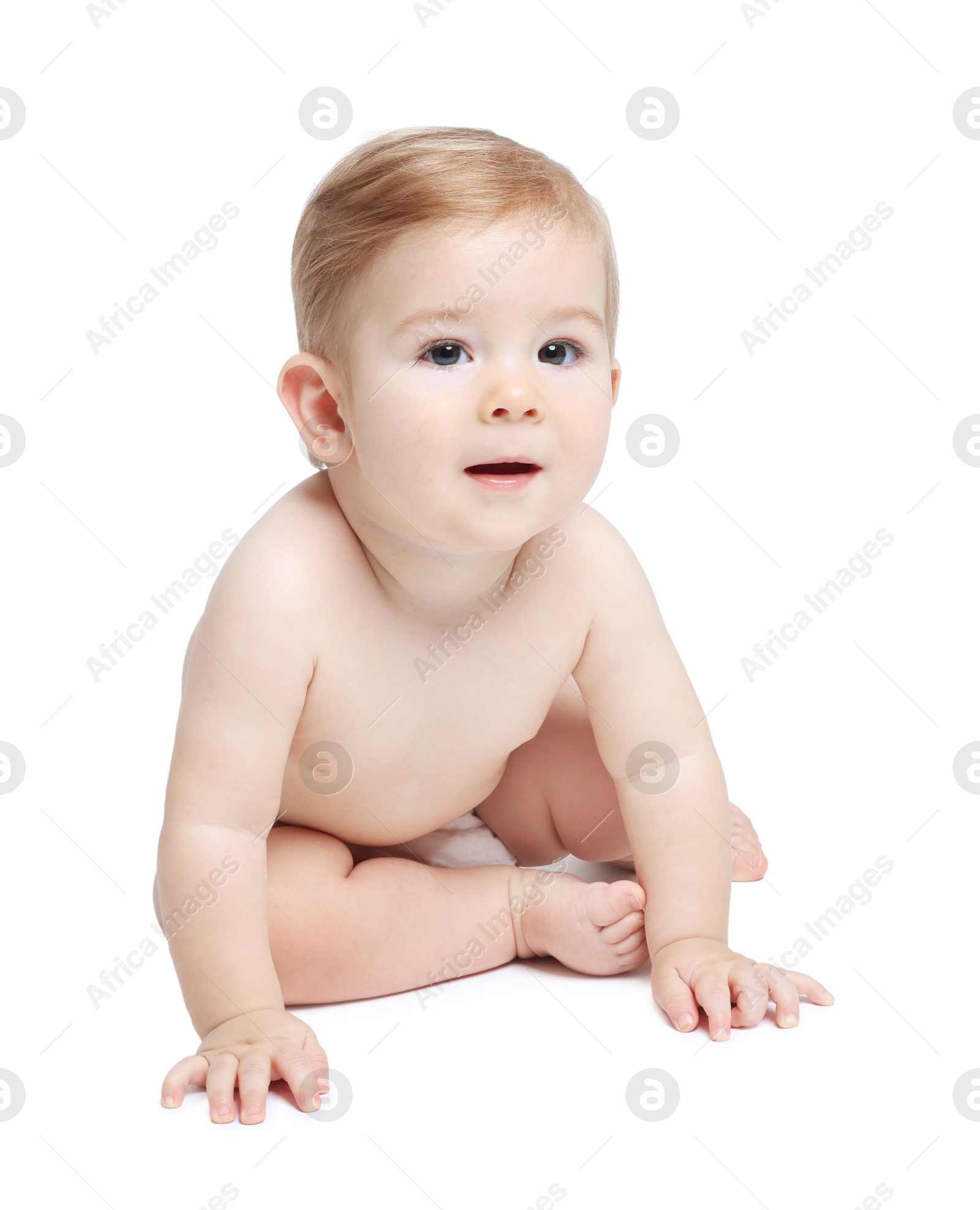 Photo of Cute little baby in diaper on white background