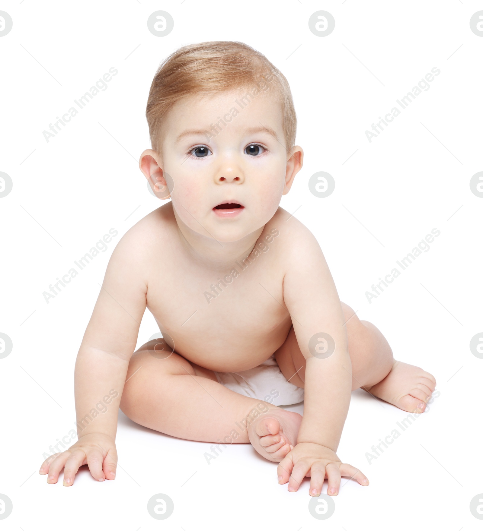 Photo of Cute little baby in diaper on white background