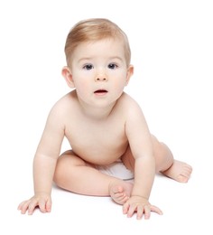 Cute little baby in diaper on white background