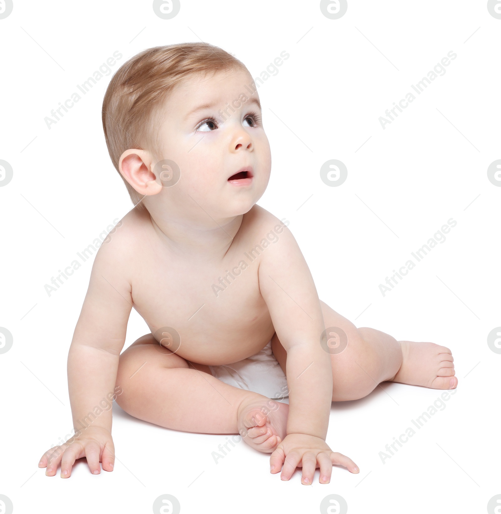 Photo of Cute little baby in diaper on white background