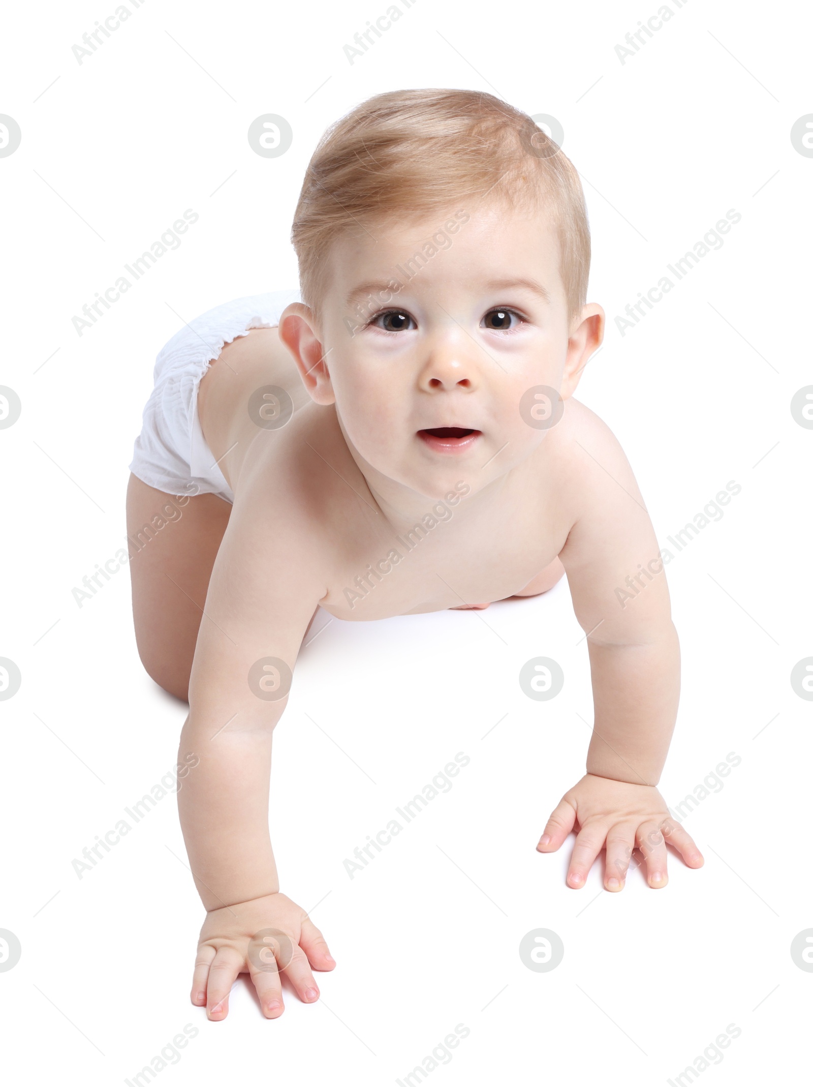 Photo of Cute little baby in diaper on white background