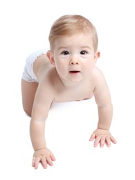 Cute little baby in diaper on white background