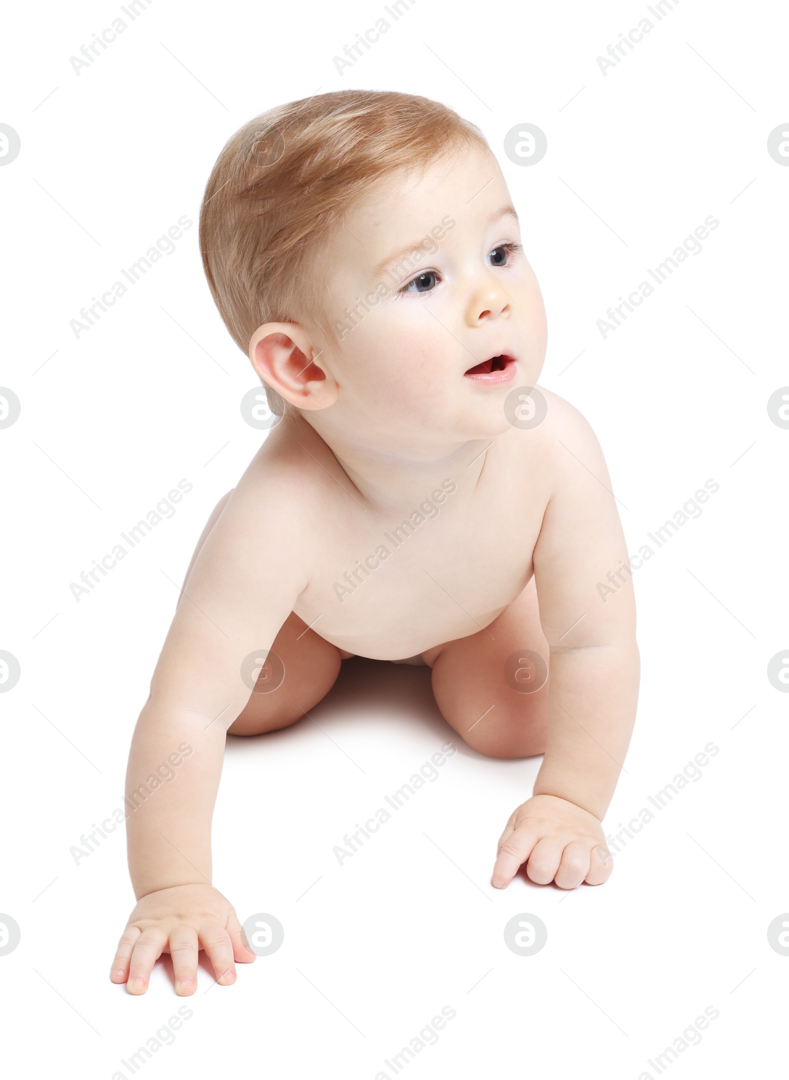 Photo of Cute little baby in diaper on white background