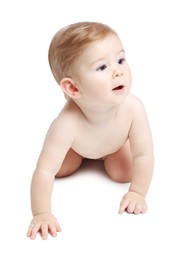 Photo of Cute little baby in diaper on white background