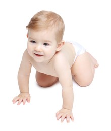 Cute little baby in diaper on white background