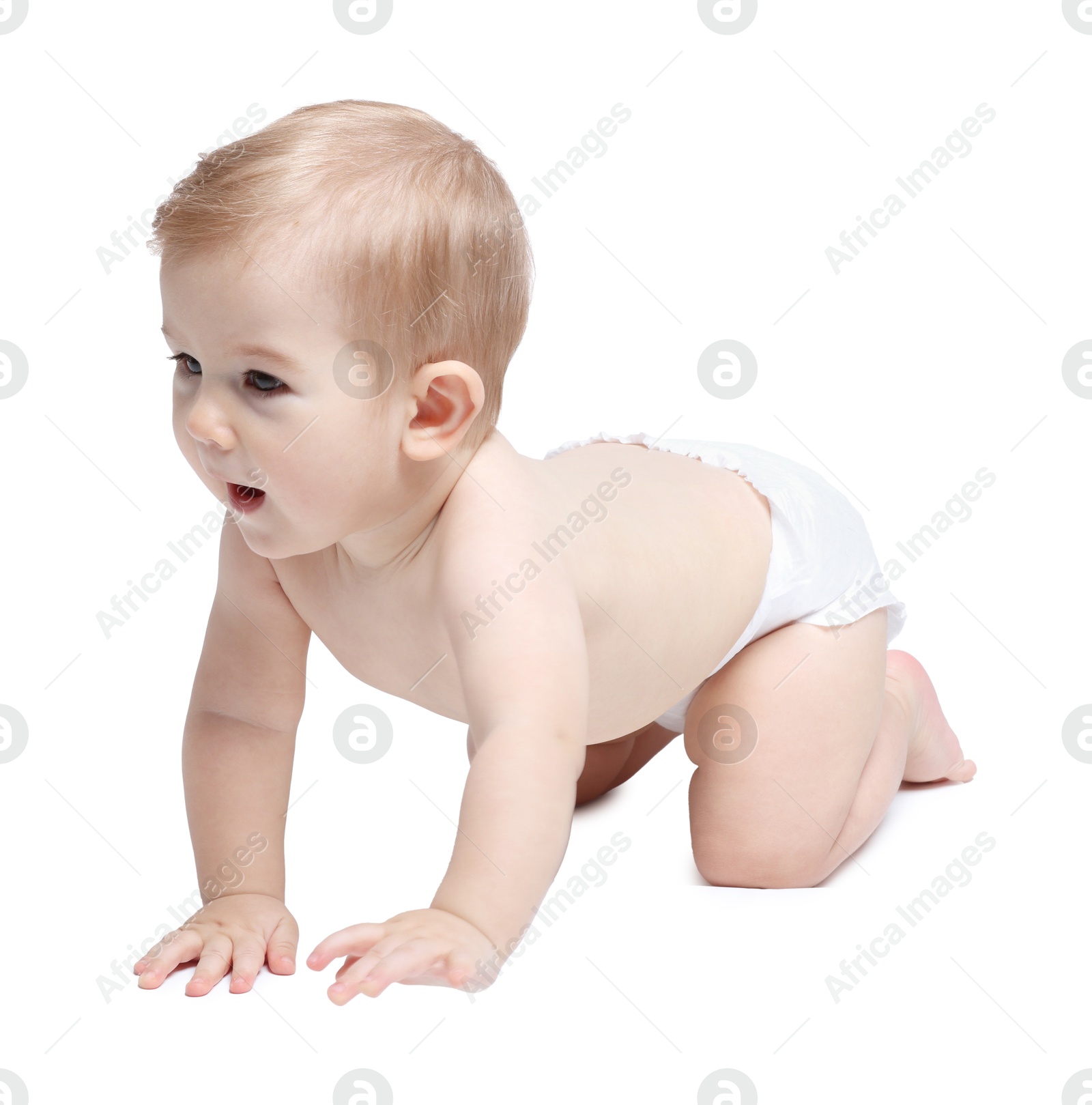 Photo of Cute little baby in diaper on white background