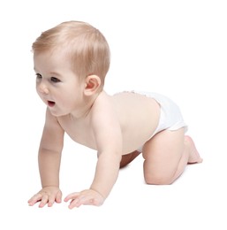 Cute little baby in diaper on white background