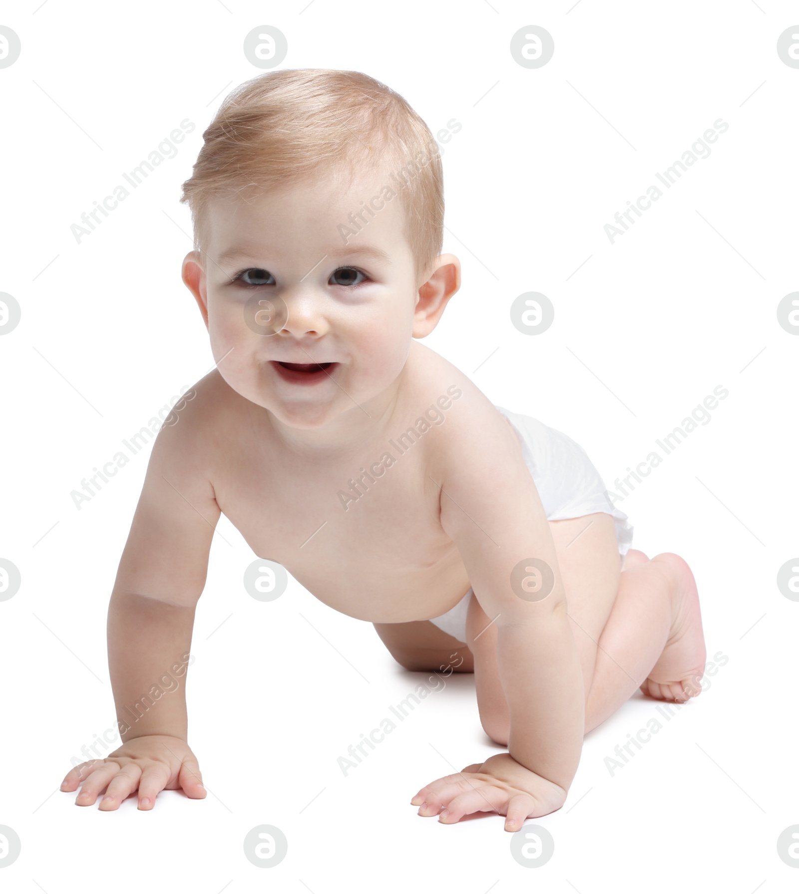 Photo of Cute little baby in diaper on white background