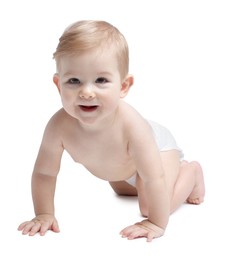 Photo of Cute little baby in diaper on white background