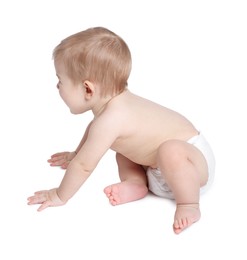 Photo of Cute little baby in diaper on white background