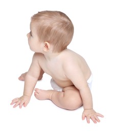 Photo of Cute little baby in diaper on white background