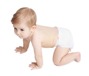 Photo of Cute little baby crawling on white background