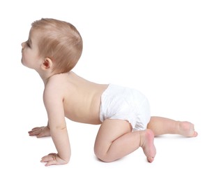 Photo of Cute little baby crawling on white background