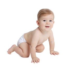 Photo of Cute little baby in diaper on white background