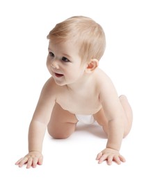 Photo of Cute little baby crawling on white background