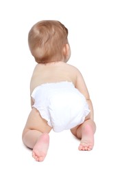 Photo of Little baby crawling on white background, back view