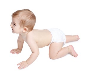 Photo of Cute little baby crawling on white background