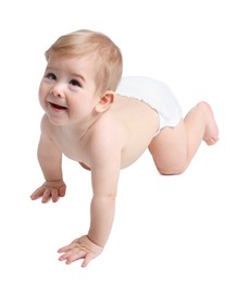 Photo of Cute little baby crawling on white background