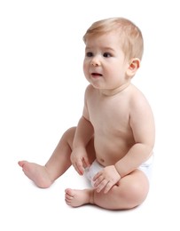 Photo of Cute little baby sitting on white background